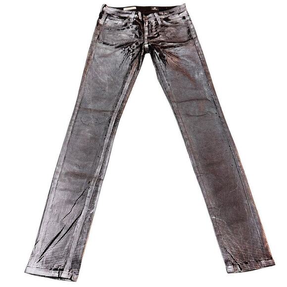 AG The Legging Supper Skinny Silver Metallic Patterned Denim Jeans SZ25 - Picture 2 of 9